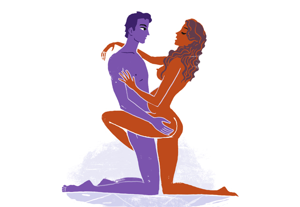 Posição sexual - Homem e mulher ajoelhados no chão, enquanto mulher envolve o homem com uma de suas pernas