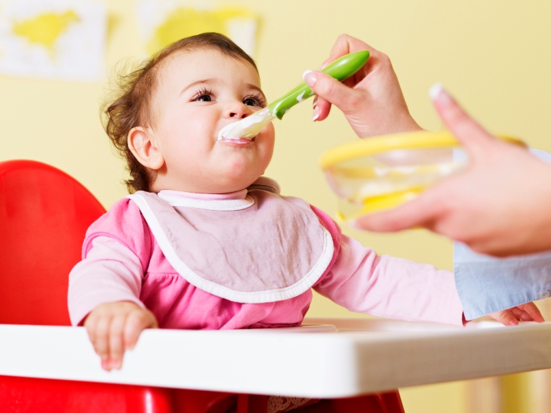 Bebê vestida de rosa, com babador, sentada na cadeira de alimentação, recebendo a colherada de papinha na bolca de uma mão adulta.