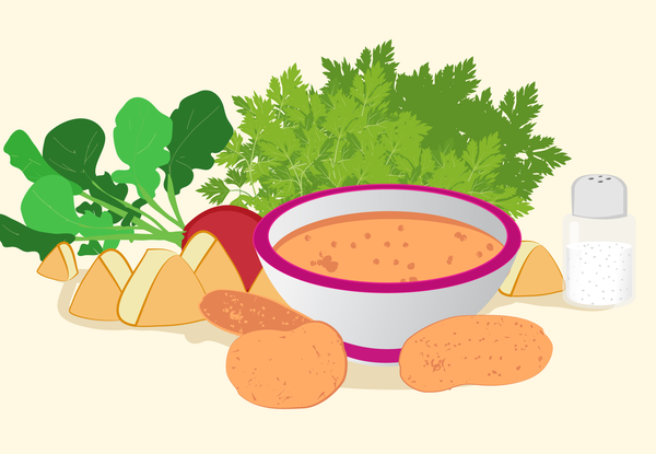 Ingredientes- 1 fio de óleo vegetal ou azeite- 1 colher (de chá) de cebola picada- 2 colheres (de sopa) de frango desfiado ou cortado em cubos pequenos- 1 batata doce pequena cortada em cubos- ½ beterraba pequena- 2 colheres (de sopa) de escarola picada- 1 pitada de sal- Cebolinha e salsinha (se desejar)Modo de preparoEm uma panela coloque o fio de óleo e refogue a cebola e o frango. Acrescente a batata doce e a beterraba. Depois, cubra com cerca de um litro de água. Deixe cozinhar até que todos os alimentos estejam bem macios. Então, acrescente a escarola picada e deixe cozinhar por mais alguns minutos. Adicione uma pitada de sal. Amasse todos os alimentos com um garfo, acrescente a cebolinha e salsinha, e sirva.Elaborada pela nutricionista Letícia Menezes, criadora do site Central da Nutrição