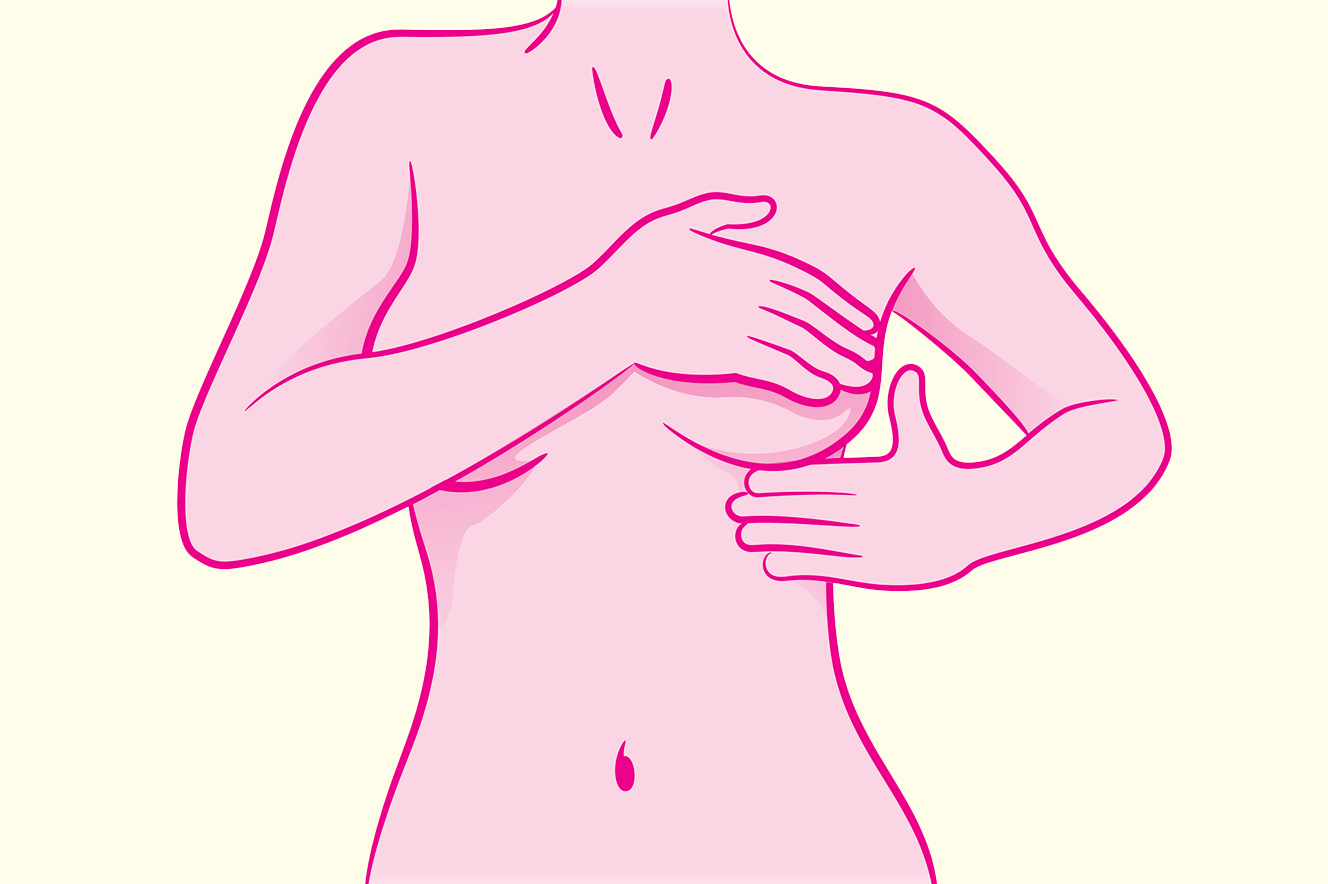 Na imagem, há a ilustração de um corpo feminino rosa em fundo branco, do pescoço até a pelve. Na imagem, ela faz o autoexame, tocando a mama esquerda com as duas mãos.