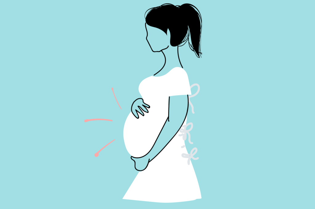 ilustração de mulher grávida segurando a barriga. Ela está em pé, de perfil, e usa um avental hospitalar