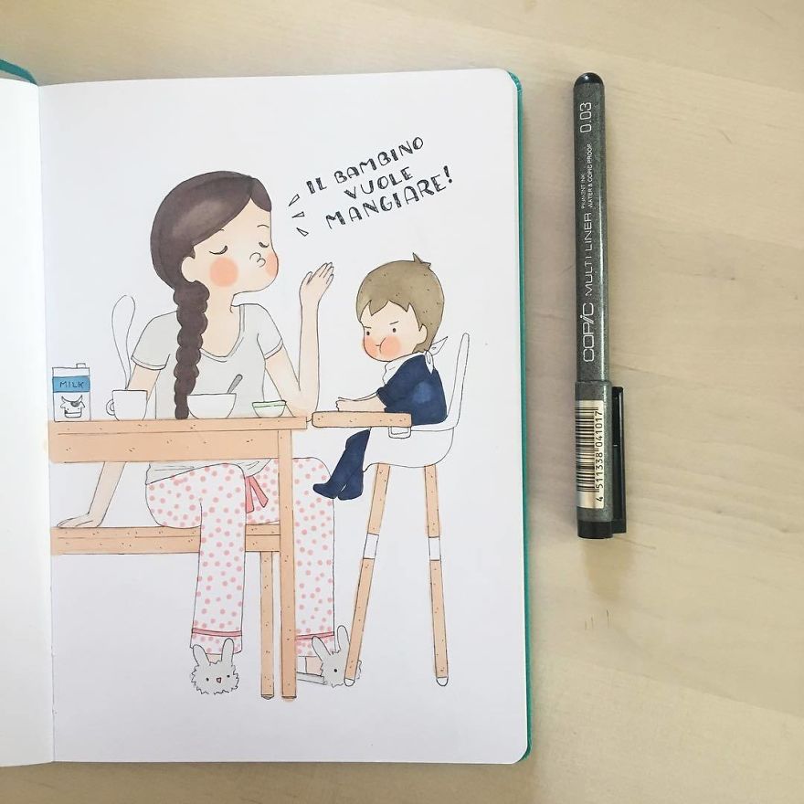 Ilustrações mostram a vida de uma mãe que cuida em tempo integral do filho