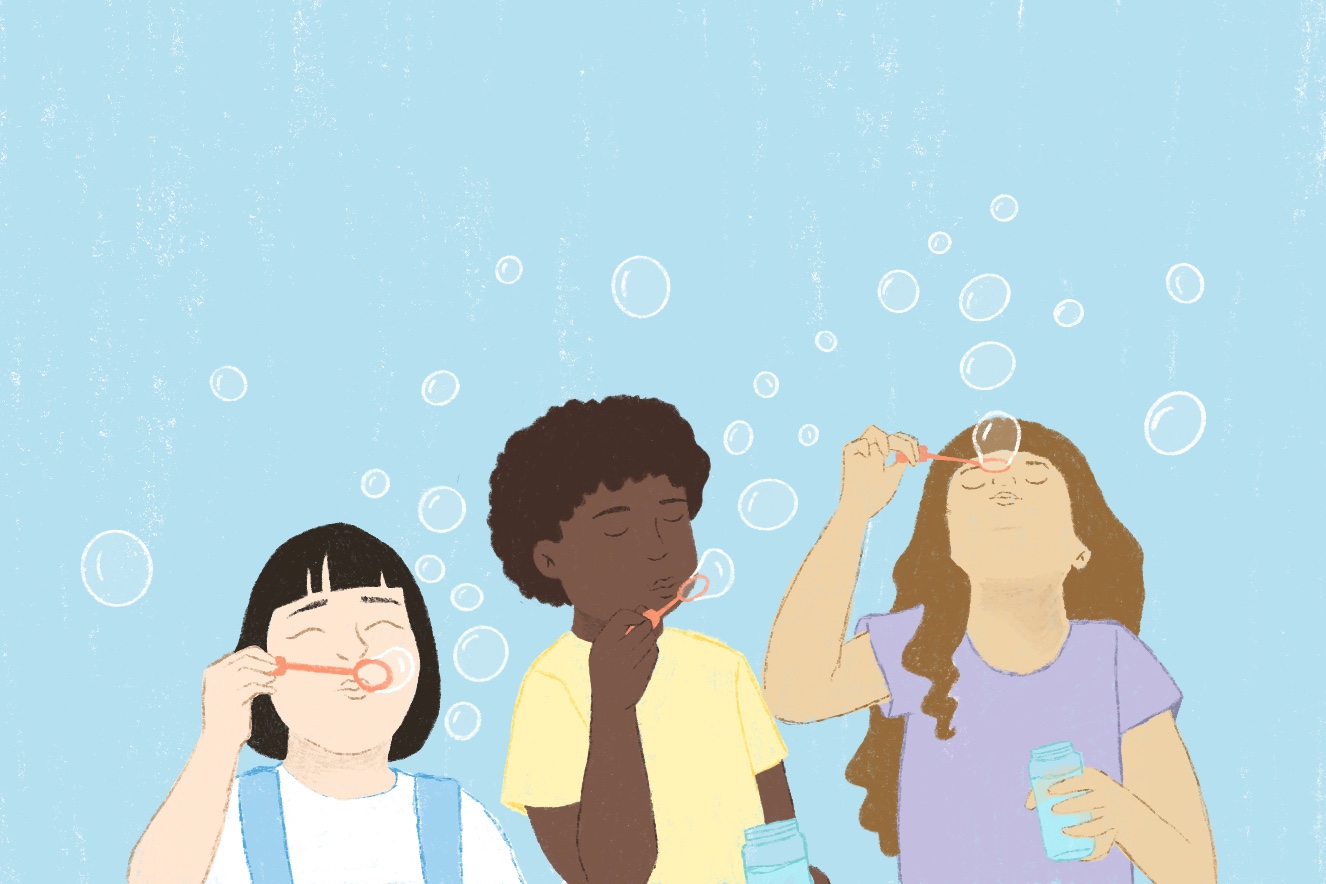 Ilustração crianças soprando bolhas