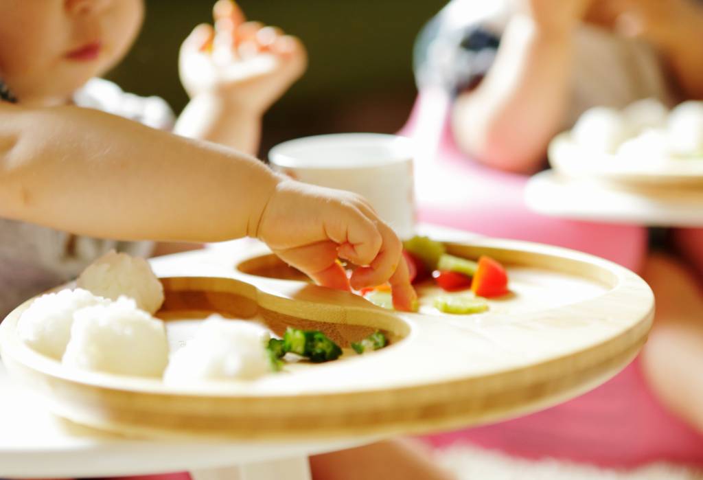 Bebê sentado em cadeirão, pegando pedaços de comida colocados sobre a bandeja.