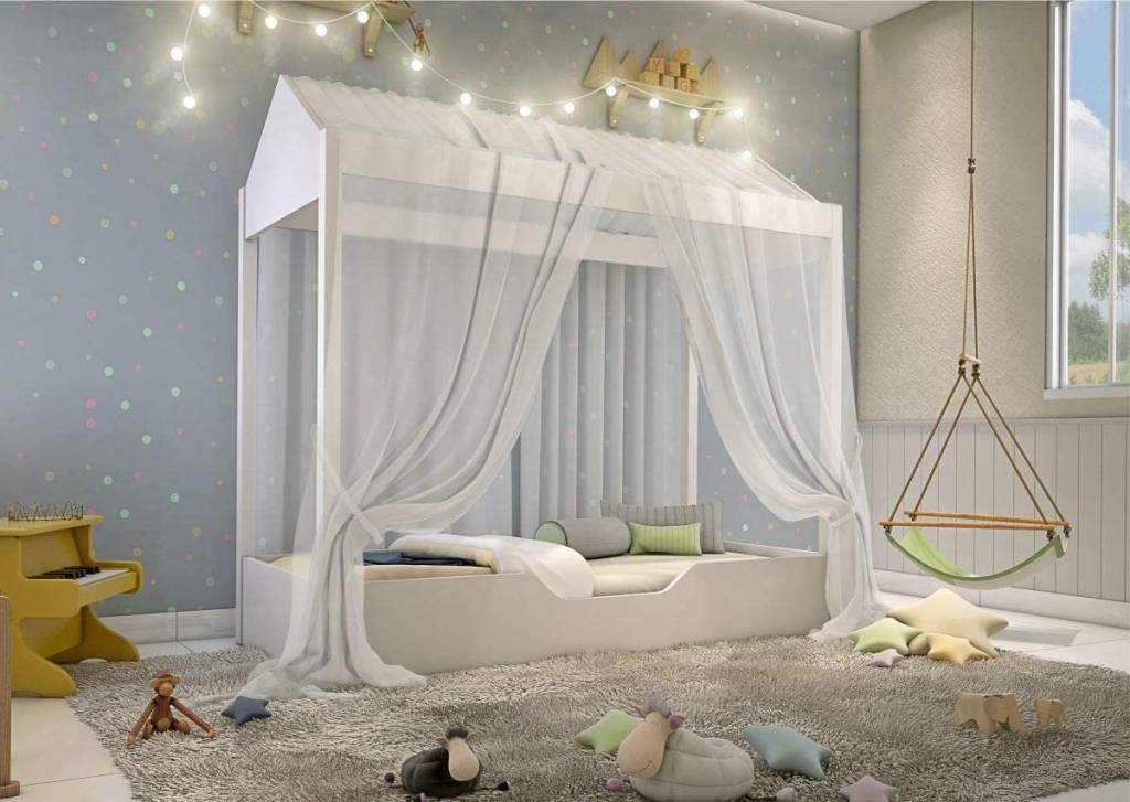 Cama casinha montessori com Mosquiteiro Branco, CasaH, <a href="https://amzn.to/31CmRYv" target="_blank" rel="noopener">R$ 633</a>