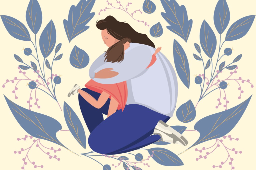 ilustração mãe abraçando filha