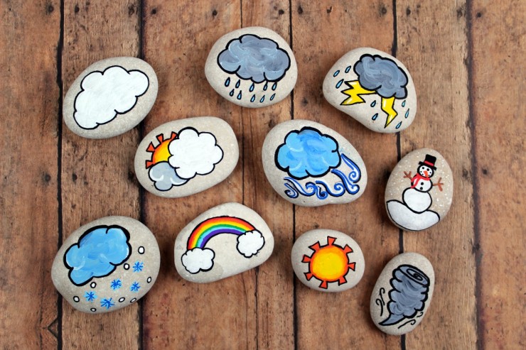 Artesanato de pedras pintadas com símbolos de mudanças climáticas