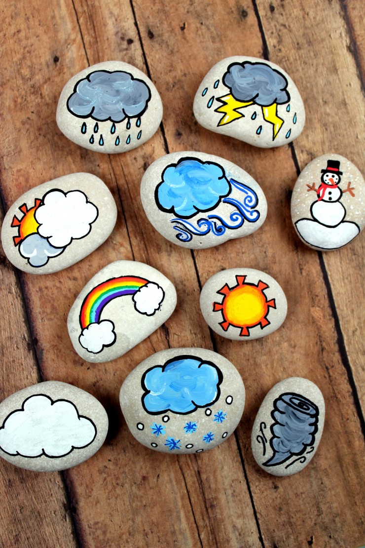 Artesanato de pedras pintadas com símbolos de mudanças climáticas