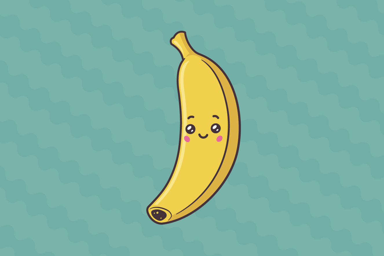 Ilustração de banana com rosto em fundo com padrão verde