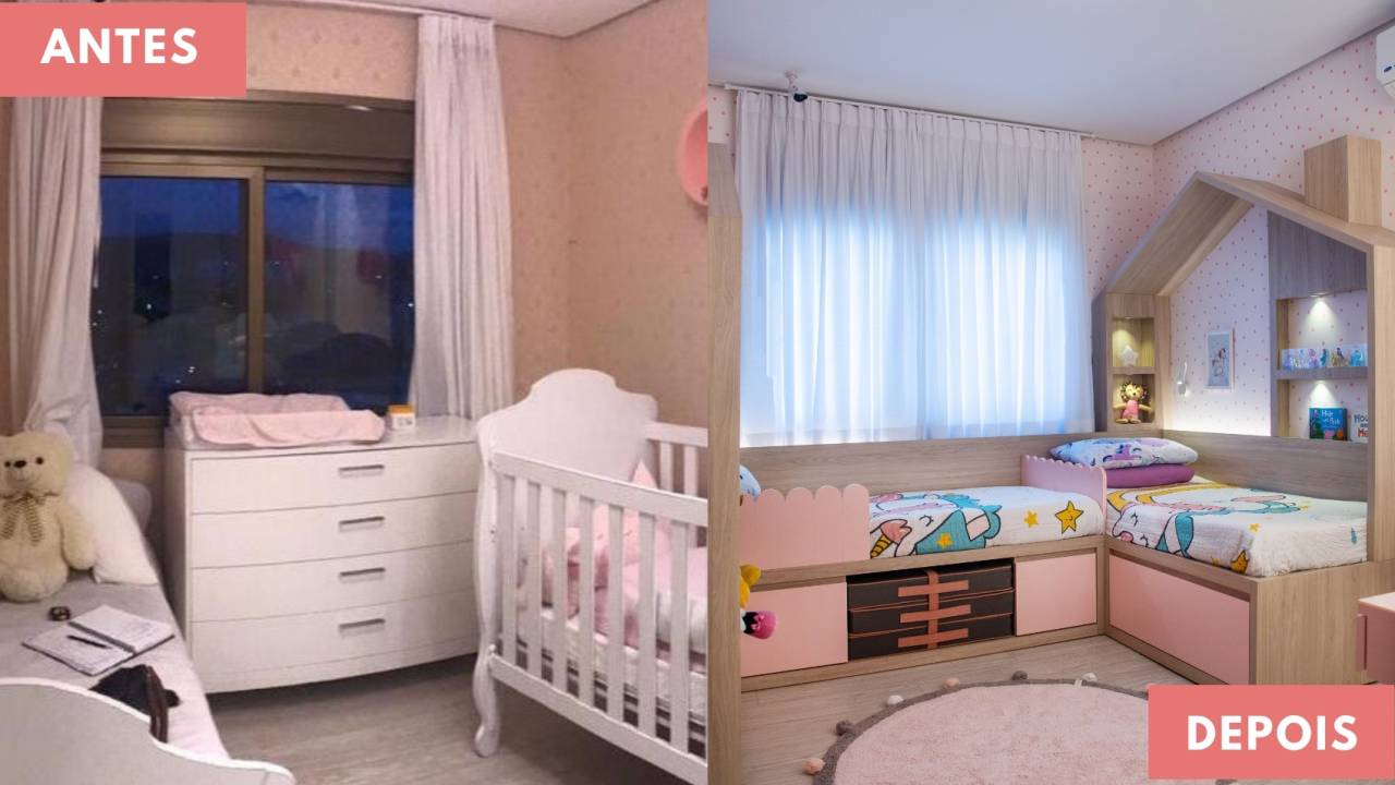 Antes e depois de um quarto de irmãs do escritório Juba Arquitetando Ninhos