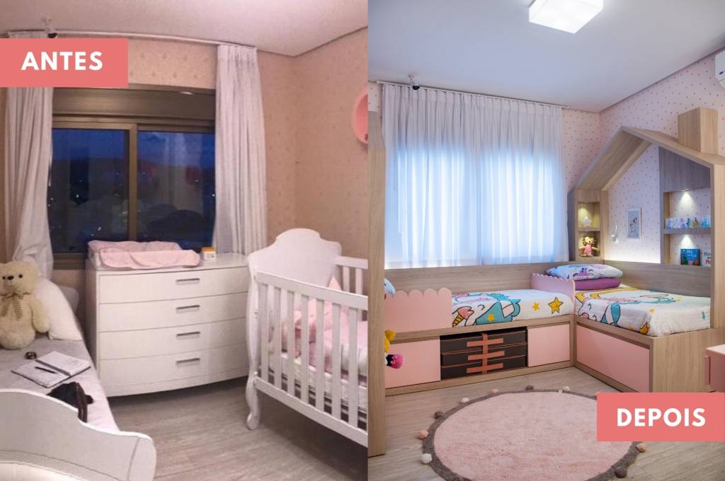 Antes e depois: quarto de irmãs criado para acompanhar o crescimento delas