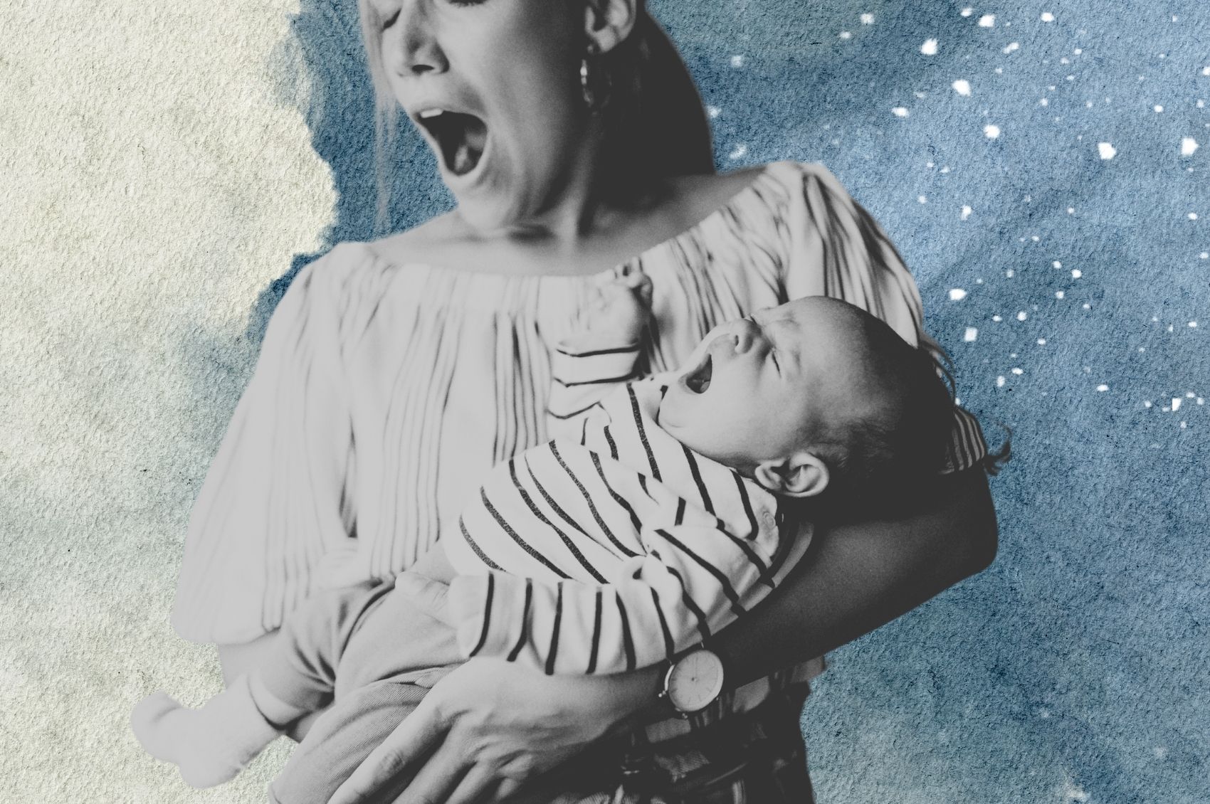 Mulher e bebê bocejando sob colagem de noite