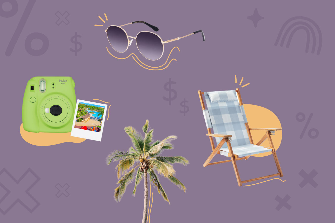 Colagem com coqueiro, foto, cadeira de praia e óculos de sol