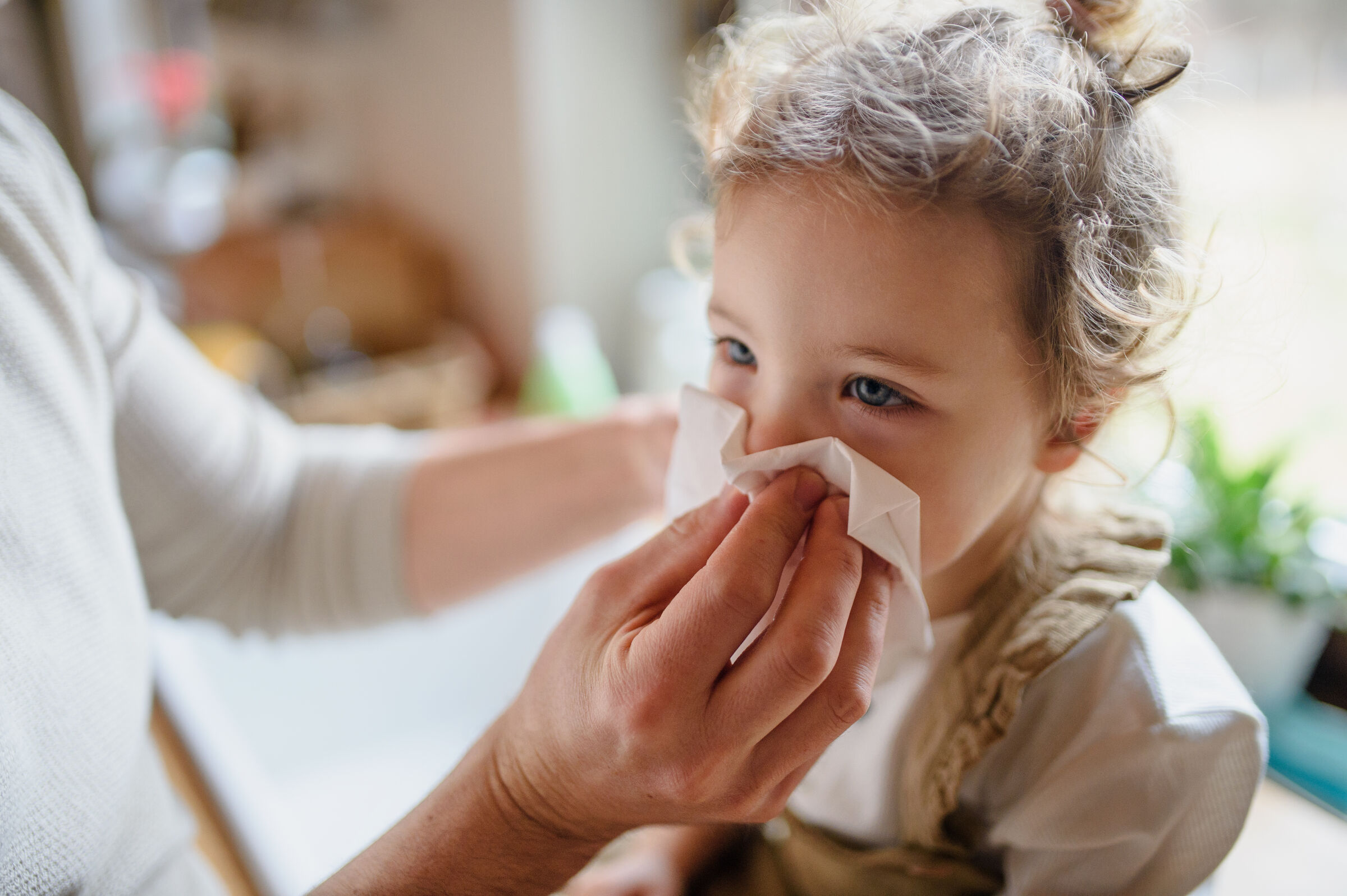 Pessoa limpando o nariz de uma criança usando um lenço branco