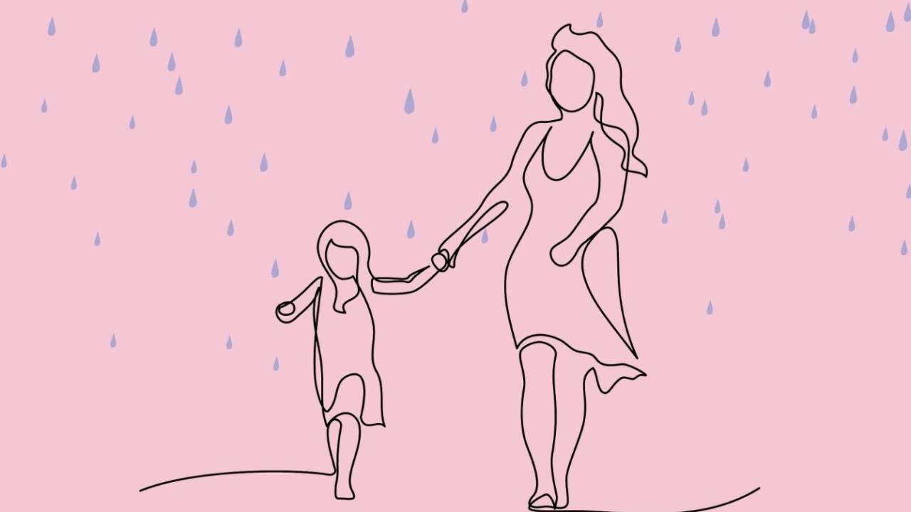 Ilustração de mãe e filha caminhando na chuva