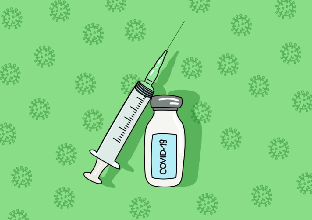 Ampola de vacina e seringa com o escrito "covid-19" sobre fundo verde. Ilustração.