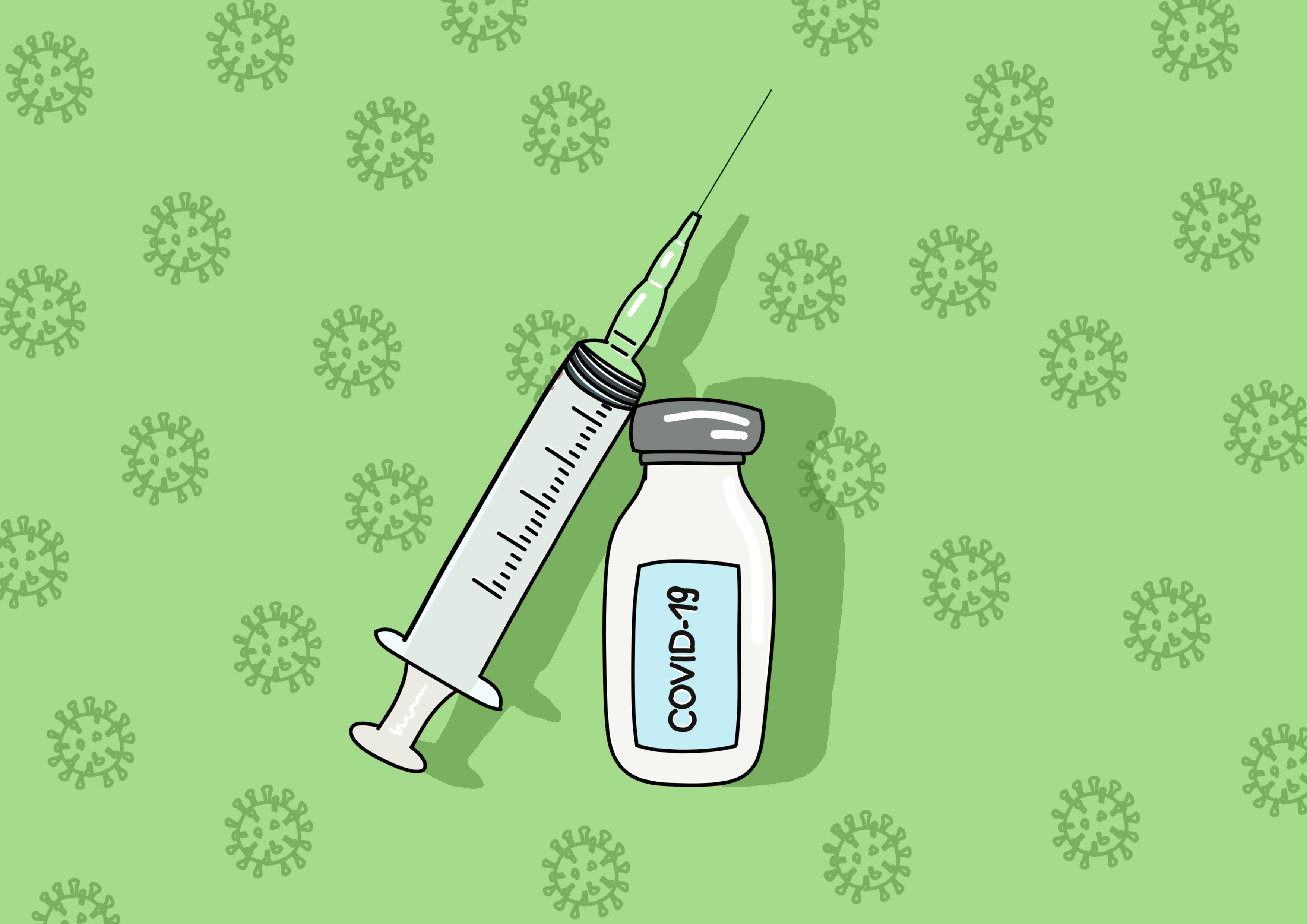 Ampola de vacina e seringa com o escrito "covid-19" sobre fundo verde. Ilustração.