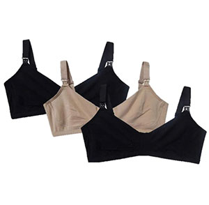 Kit-Com-3-Sutiãs-Amamentação-Exotic três sutiãs de amamentação sobrepostos. Dois pretos entre um nude