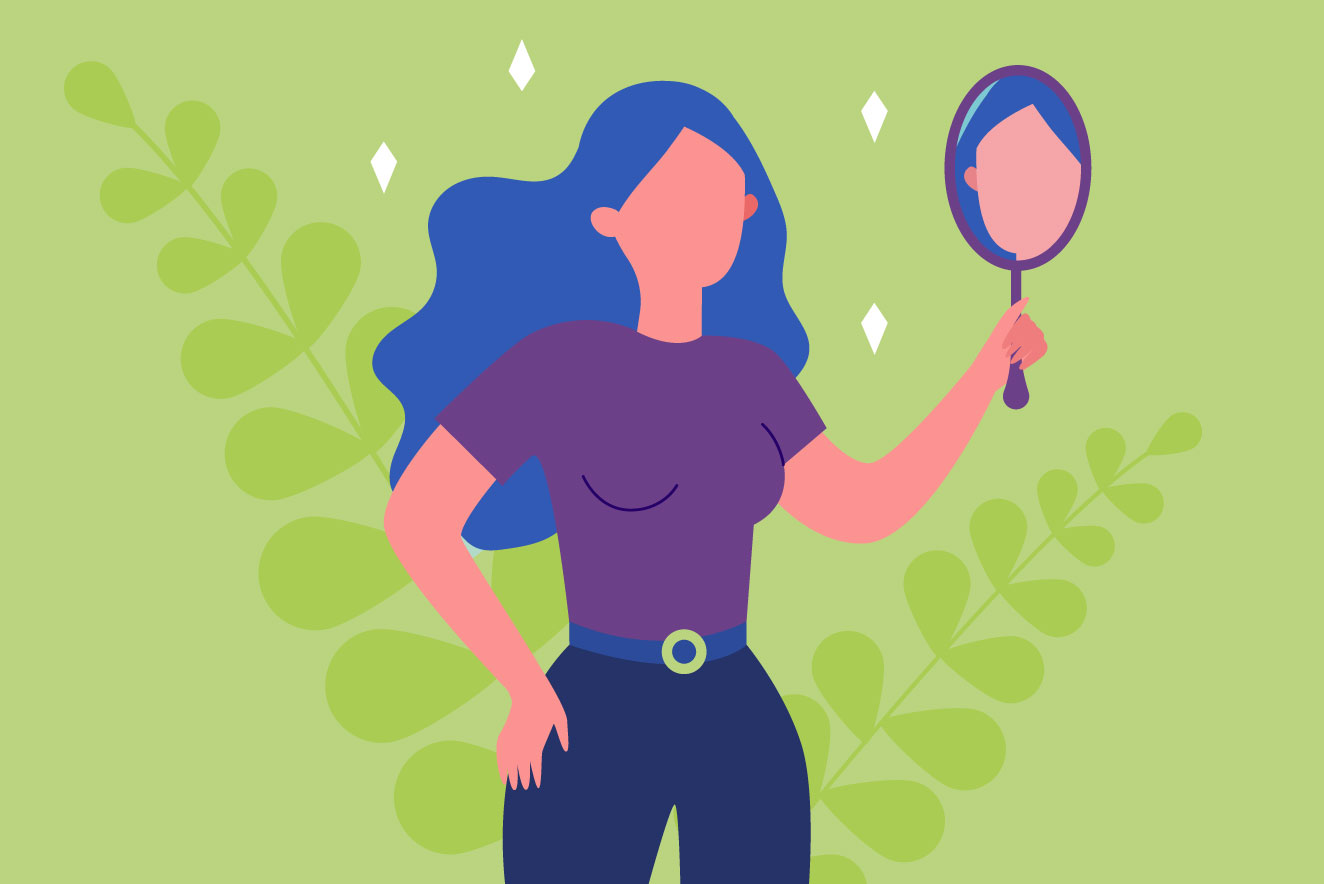 ilustração de uma mulher de cabelos longos se olhando em um espelho de mão