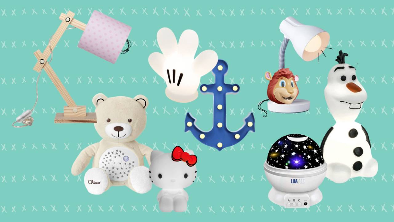 luminárias infantis em formatos variados. Mão de Mickey, Hello Kitty, âncora, leão