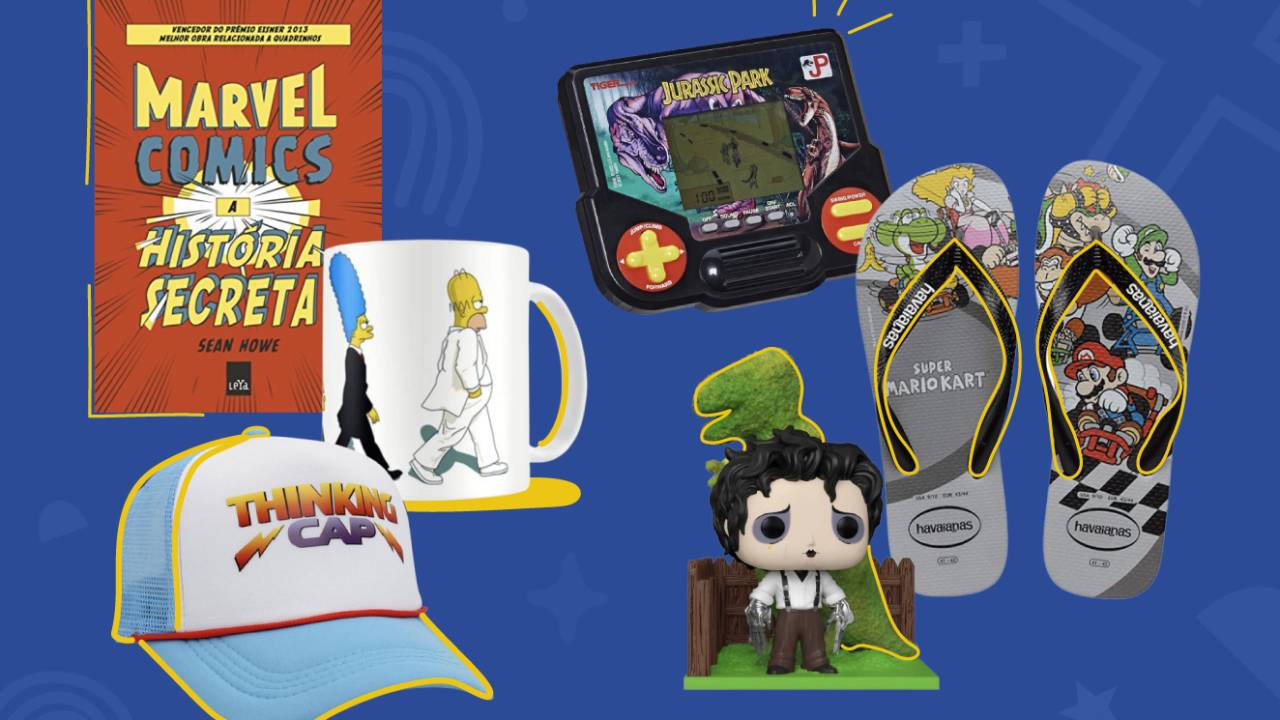 montagem com livro, boné, caneca, minigame, Funk e par de chinelos