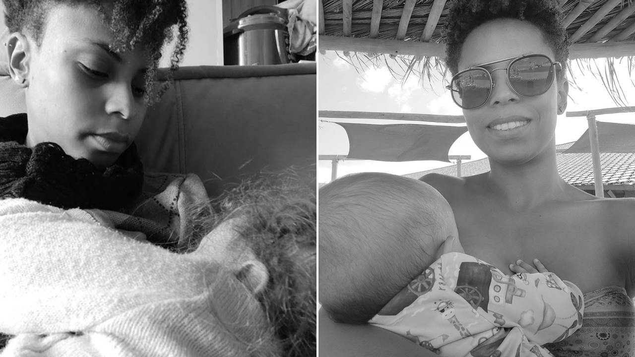 de um lado, mãe amamentando uma criança. De outro, a mesma mulher amamenta uma bebê