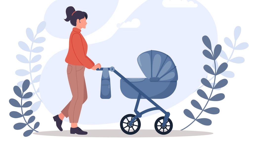 ilustração de uma mulher andando e empurrando um carrinho de bebê