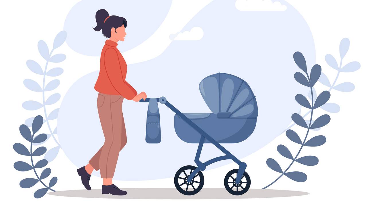 ilustração de uma mulher andando e empurrando um carrinho de bebê