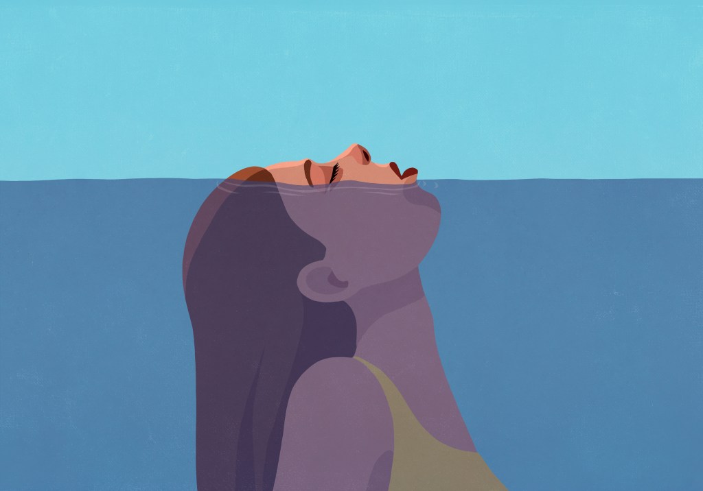 Ilustração de uma mulher submersa, com parte do rosto para fora da água, como se estivesse tomando fôlego ou afundando.
