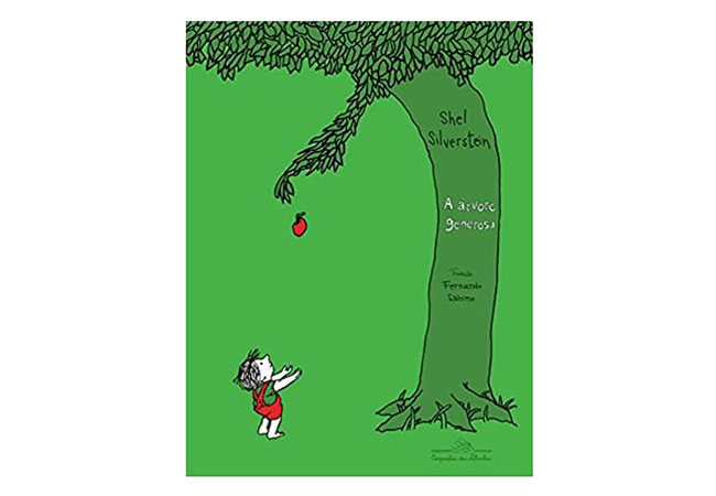 capa do livro A Árvore Generosa: um fruto cai de uma árvore bem alta. No chão, uma criança estende a mão para pegá-lo