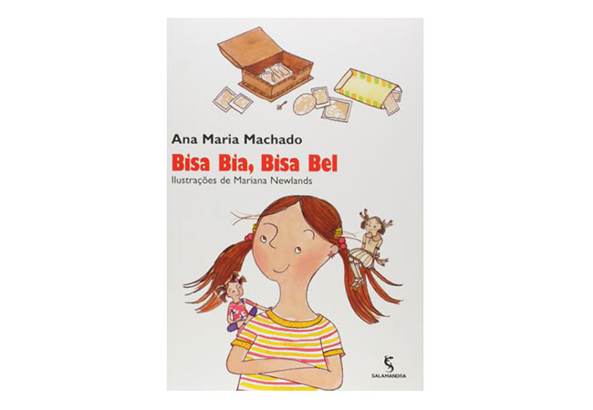 capa do livro Bisa Bia, Bisa Bel: ilustração de uma menina com duas outras meninas em miniatura posicionadas no ombro e no cabelo dela. Acima, uma caixa aberta com objetos guardados