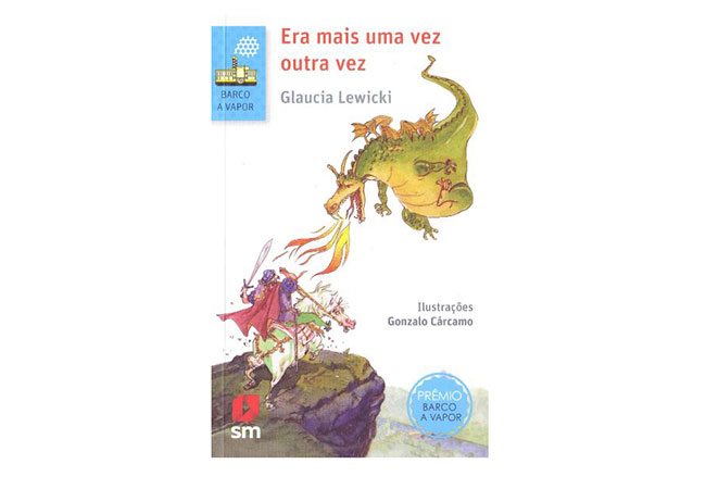 capa do livro Era Mais Uma Vez Outra Vez: na ponta de um precipício, homem vestindo armadura e montando um cavalo aponta sua espada para um dragão, que, voando, cospe fogo