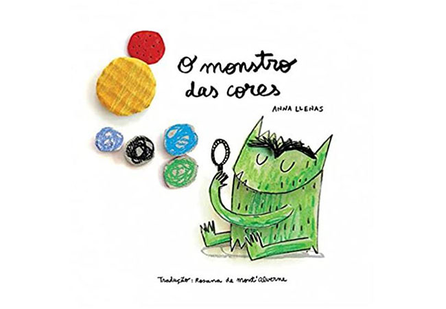 capa do livro O Monstro das Cores: ilustração de monstro verde sentado ao lado de esferas coloridas