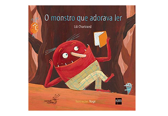 capa do livro O Monstro que Adorava Ler: ilustração de um monstro sentado e lendo, com um cotovelo apoiado sobre uma mesa e a mão na cabeça. Com a outra mão, ele segura o livro