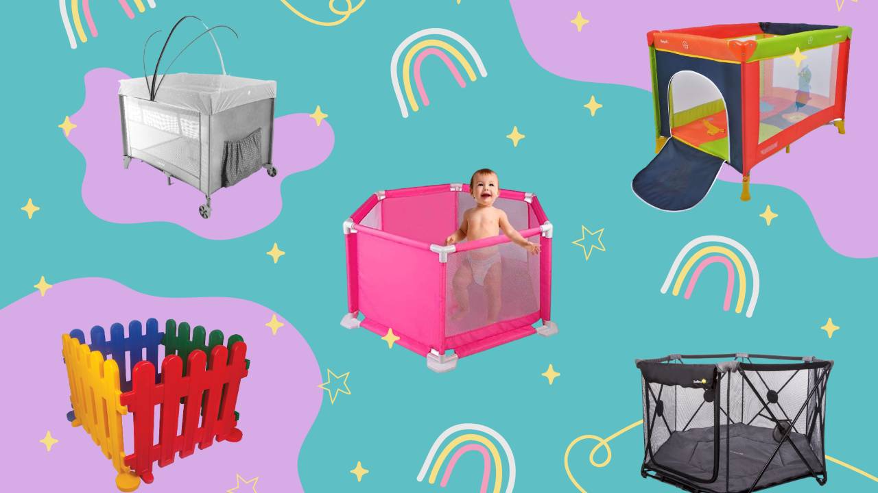 cercadinhos para bebês dispostos em um fundo colorido com ilustrações de arco-íris