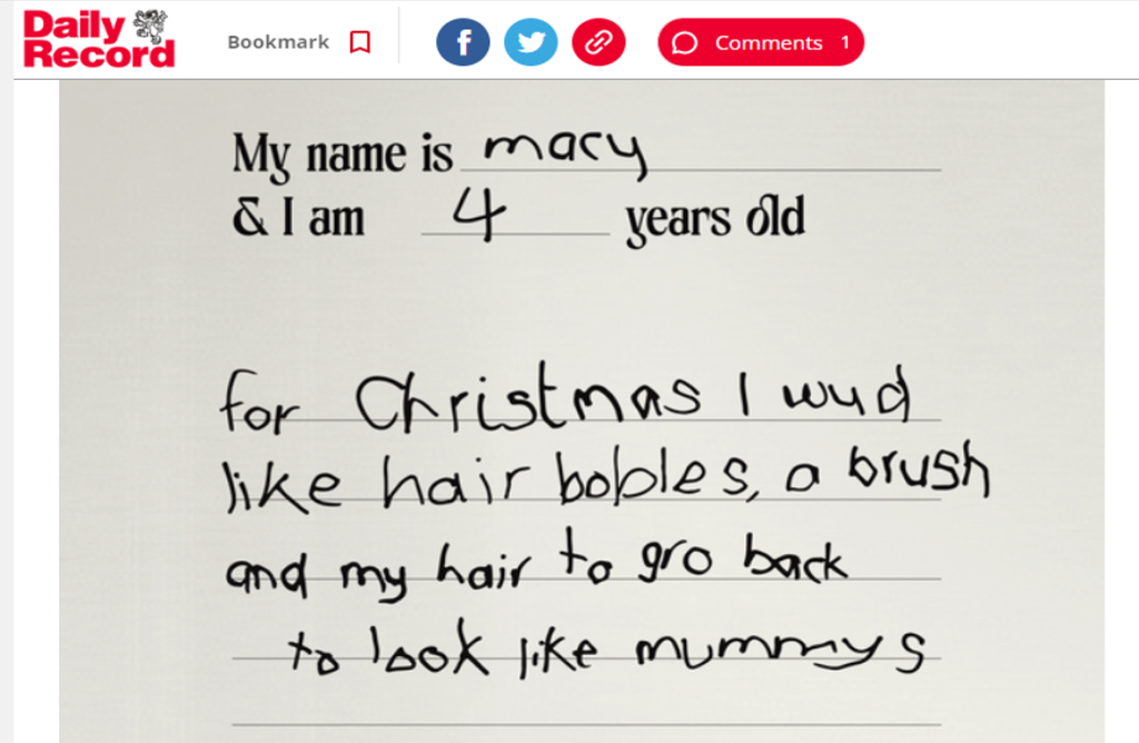 Bilhete escrito à mão para o papai noel, com letra infantil. Está escrito em inglês: de natal eu gostaria de ganhar lacinhos de cabelo, uma escova e que meu cabelo volte a crescer para parecer com o da mamãe.