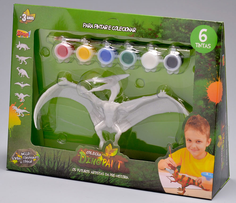 dino-paint-brinquedo caixa verde com plástico transparente. Sob ele, estão pequenas bolinhas coloridas com tintas e um boneco branco em formato de dinossauro