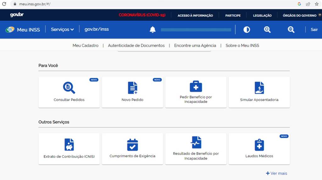 página inicial do site meu inss