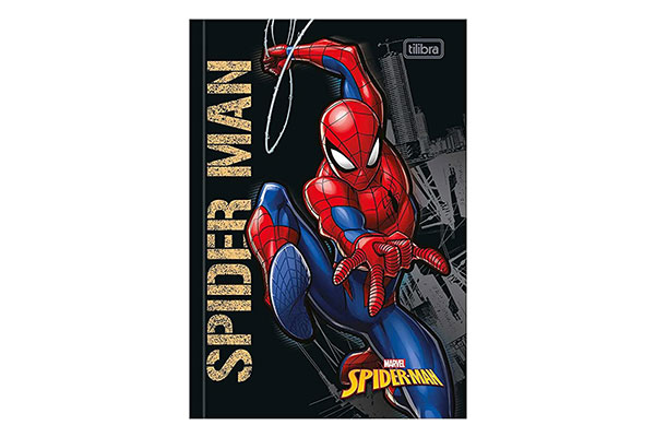 caderno de brochura preto com um desenho do Homem Aranha na capa