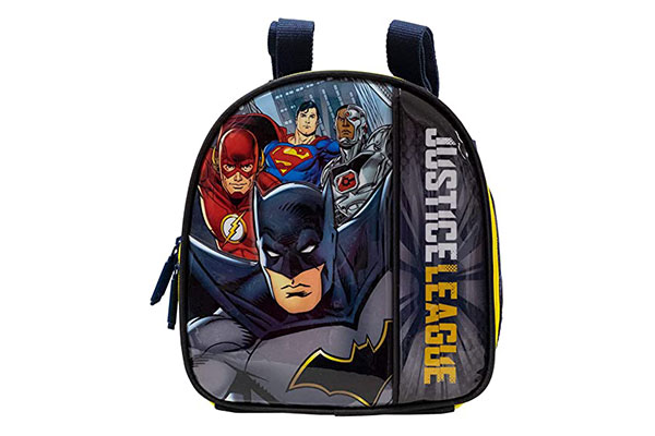 lancheira em formato de minimochila com estampa de personagens da Liga da Justiça: Batman, Flash, Super-Homem e Cyborg