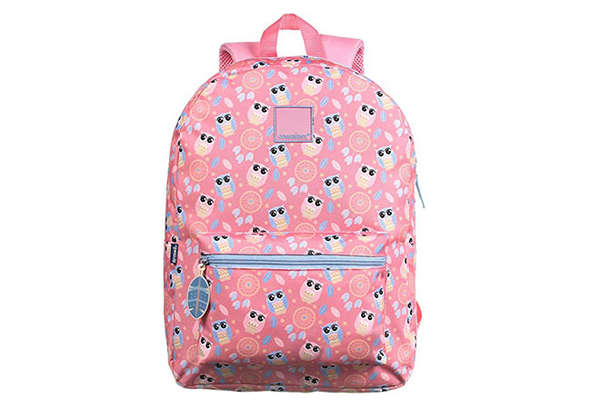 mochila infantil rosa com estampas de corujas