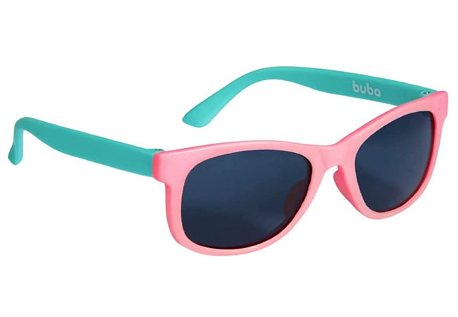 óculos de sol infantil com armação azul e hastes rosas
