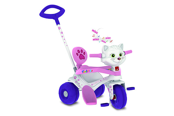 Triciclo-Tonkinha-Gatinha-Bandeirante triciclo colorido com a imagem am alto relevo de um gato no guidão