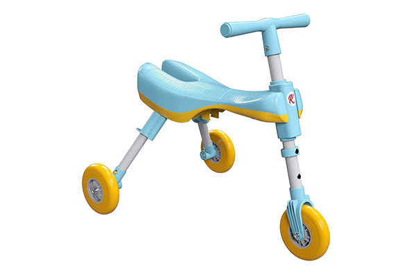 triciclo azul com detalhes e rodas em amarelo