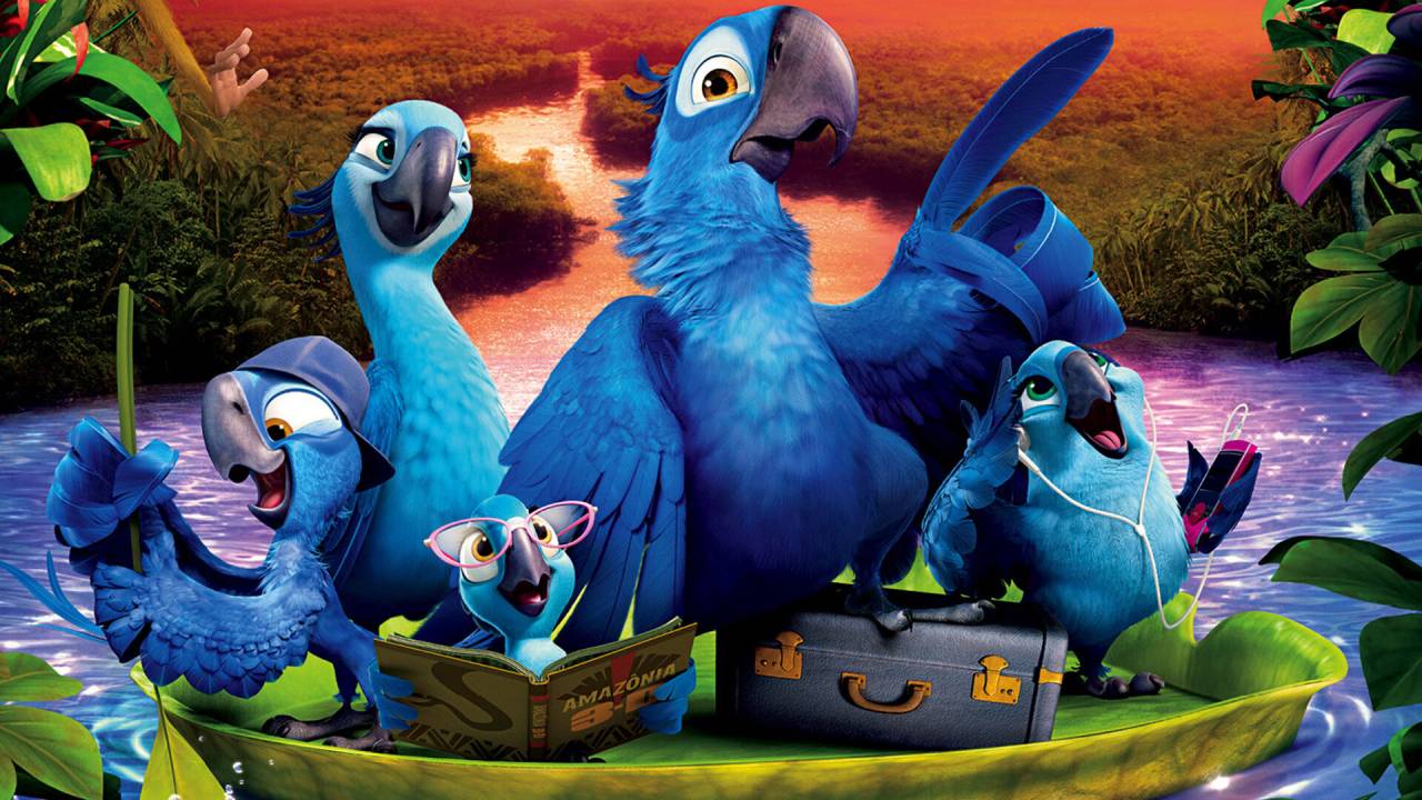 Cartaz do filme Rio 2, com as araras azuis e seus filhotes