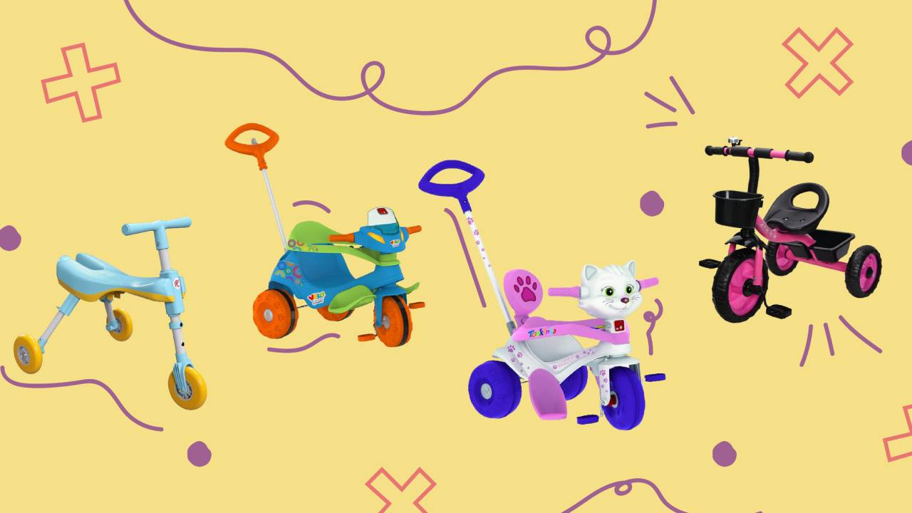 quatro triciclos infantis dispostos lado a lado em um fundo com ícones coloridos