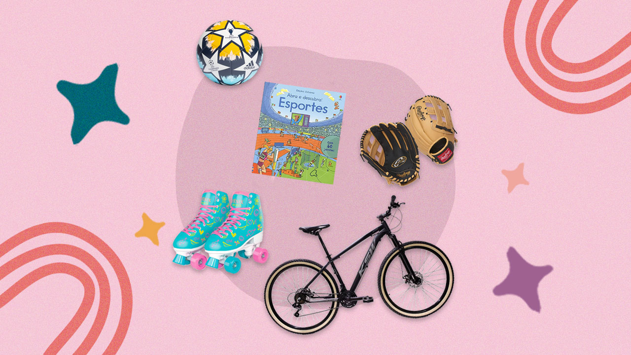 patins, bola, livro, bicicleta e luvas de beisebol dispostos lado a lado em um fundo colorido