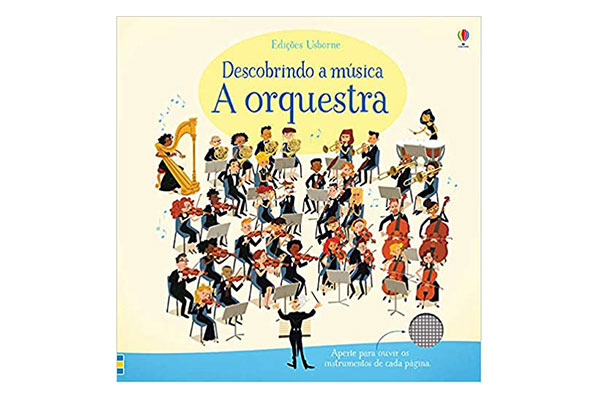 capa de livro com a ilustração de vários músicos tocando em uma orquestra