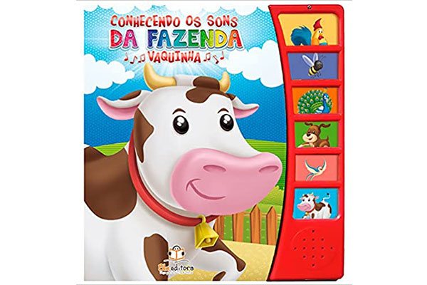 capa de livro com a ilustração de uma vaca. Ao lado, botões com ilustrações de vários outros animais