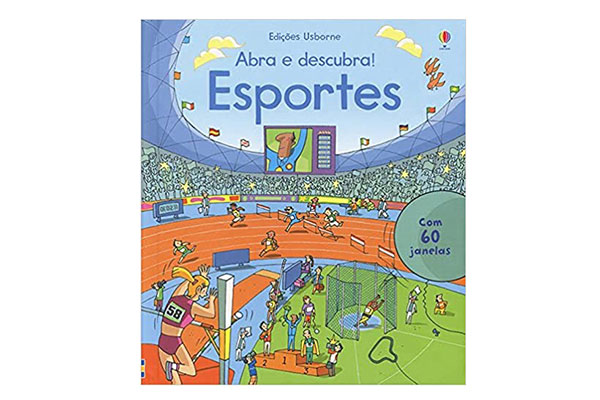 capa do livro Livro Abra e Descubra! Esportes, com ilustrações de pessoas praticando vários tipos de esporte